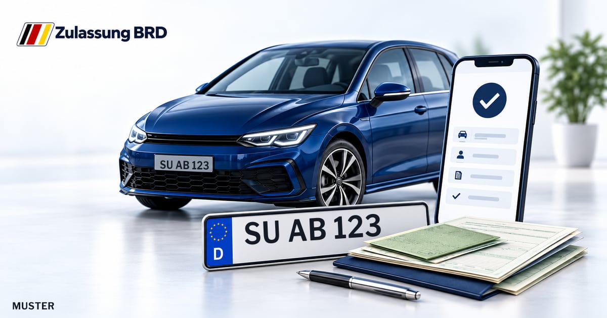 Online Fahrzeugzulassung in Rhein-Sieg-Kreis: Musterkennzeichen SU AB 123, Auto und Fahrzeugpapiere und Smartphone. Illustration mit Logo von Zulassung BRD.